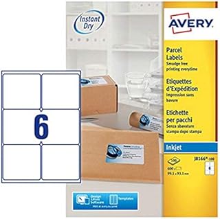Avery Self Adhesive Parcel Shipping Labels, Inkjet Printers, 6 Labels Per A4 Sheet, 600 labels, QuickDRY (J8166), White