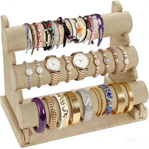Okllen 3 Tiers Bracelet Holder Jewelry Organizer Bracelet Bangle Display Stand Detachable Jewelry Holder Rack for Watch Necklace Earring Hairband Linen