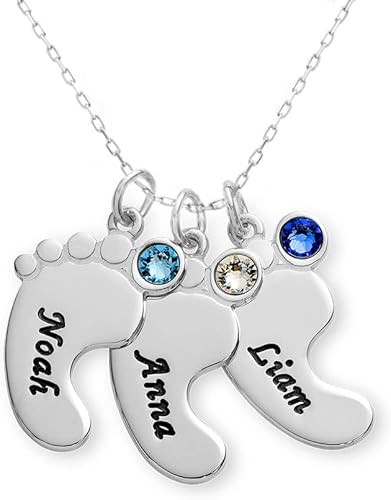 Collar personalizado de pies de bebé, plata de ley o chapado en oro de 18 quilates, con piedra natal o diamante, dijes grabados, regalo de joyería
