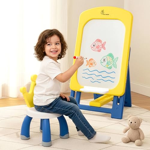 Image of R for Rabbit Little Genius Doodle Duo for Kids Whiteboard with Chair Set | 7-Level Adjustable Height Study Table for 3-7 Years | Foldable & Space Saving | Desk for Learning & Drawing (Yellow Blue)