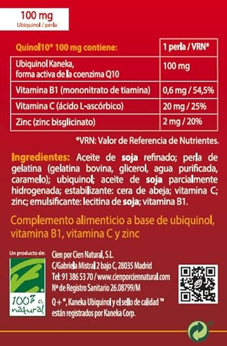 Coenzima Q10 - Ubiquinol - 90 perlas de 100 mg - Contribuye al Funcionamiento Normal del Corazón - Vitaminas B1, C y Zinc - Ayuda a Disminuir el Cansancio - Alta Biodisponibilidad - 100% Natural