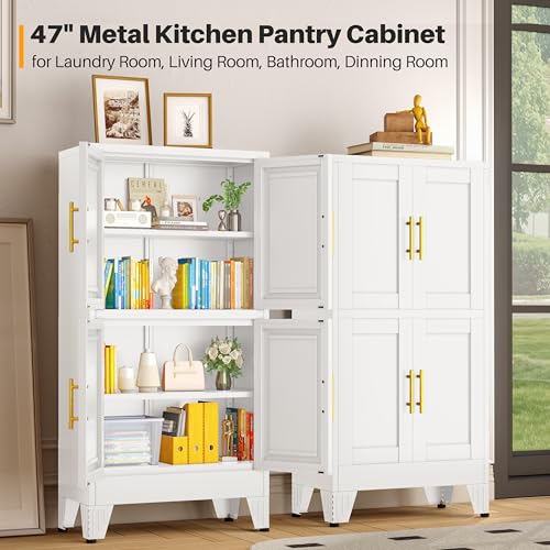 Image of winiowa 47 inch Tall Kitchen Pantry Cabinet, Metal Storage Cabinet with Doors and Adjustable Shelves, White Freestanding Pantry Cabinet for Kitchen, Dining Room, Living Room, Laundry Room, Bathroom
