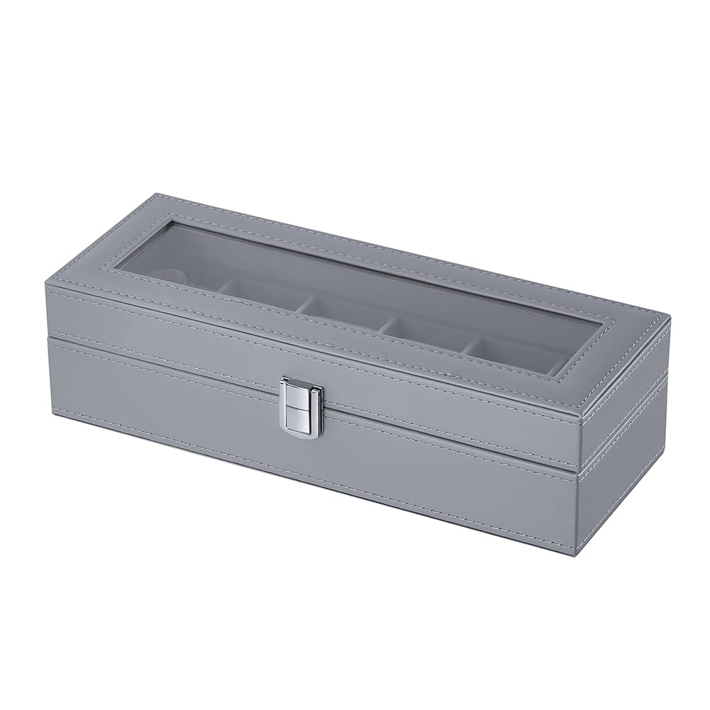 Scatola per orologi da uomo, per 6 orologi, con finestra in vetro, in pelle sintetica e velluto, per conservare orologi e gioielli (grigio 04G-DGW)
