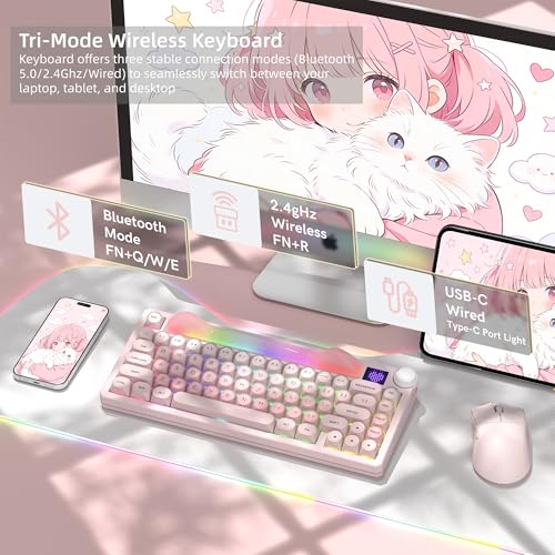 Image of Womier K80 75% Wireless Mechanical Keyboard with Screen and Knob Keyboard | Pink Cat Creamy Bluetooth Gaming Keyboard,RGB /Hot Swappable /PBT Keycaps,QMK /VIA Programmable for Mac /PC,Pink