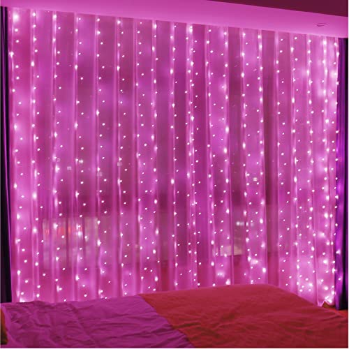 ZSJWL 300 LED Pink Curtain Fairy Lights with Remote 8 Modes 9.8 9.8 Ft Waterproof USB Plug in Copper Wire Lights for Bedroom Window Chrismas Wedding Party