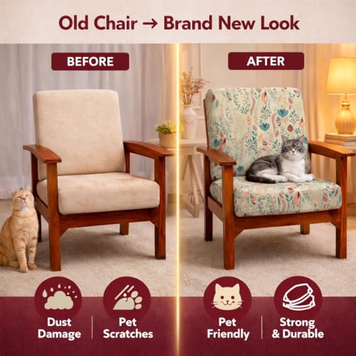 Image of STITCHNEST 'Contour Fit Series' Stretchable Printed Wooden Sofa Cover (Pack of 2) - Elastic Wooden Chair Cover | Wooden Sofa Seat Cover | Size - 20-21 x 20-21 x 3-5 in
