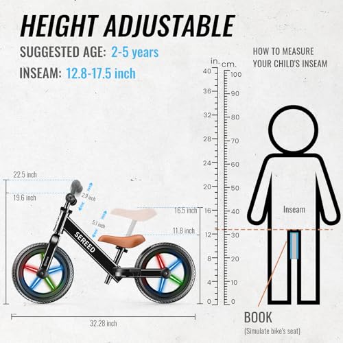 Image of SEREED Toddler Balance Bike 2 Year Old, No Pedal Kids Bicycle Toys for 2-5 Years Old, Tool-Free Adjustment, Customize Plate with Stickers, Gift for 2-3 Boys Girls (Black Lighting)