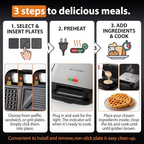Image of KEINVE 3-in-1 Sandwich Maker, Waffle Maker and Panini Press Grill, 800W Electric Breakfast Machine with 3 Detachable Non-Stick Plates, LED Indicator Lights, Cool Touch Handle with Latch, Black