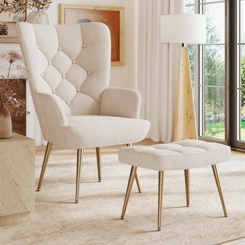 Aivermeil Sessel Wohnzimmer Einzelsofa Loungesessel modern Relaxsessel mit Metallfüßen, Samt, für Wohnzimmer Schlafzimmer, Bis 150 KG (Creme, mit Hocker)