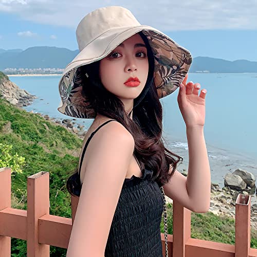 Huamulan Summer Sun Hat For Women,Metal Wired Edge, Reversible Wide Brim Cotton Blend Boho Beach Hat With Floral & Solid Color Design, Windproof Chin Cord String - Perfect For Travel & Vacation #TOP2
