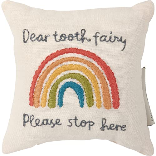 Image of Primitives by Kathy Tooth Fairy Pillow, 5x5-Inch Cotton Linen Keepsake with Back Storage Pocket, Embroidered Bright Rainbow Design