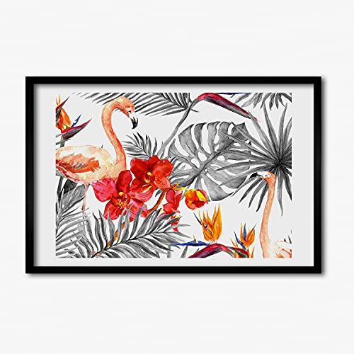 Tableau moderne flamants roses et fleurs pour décoration murale salon