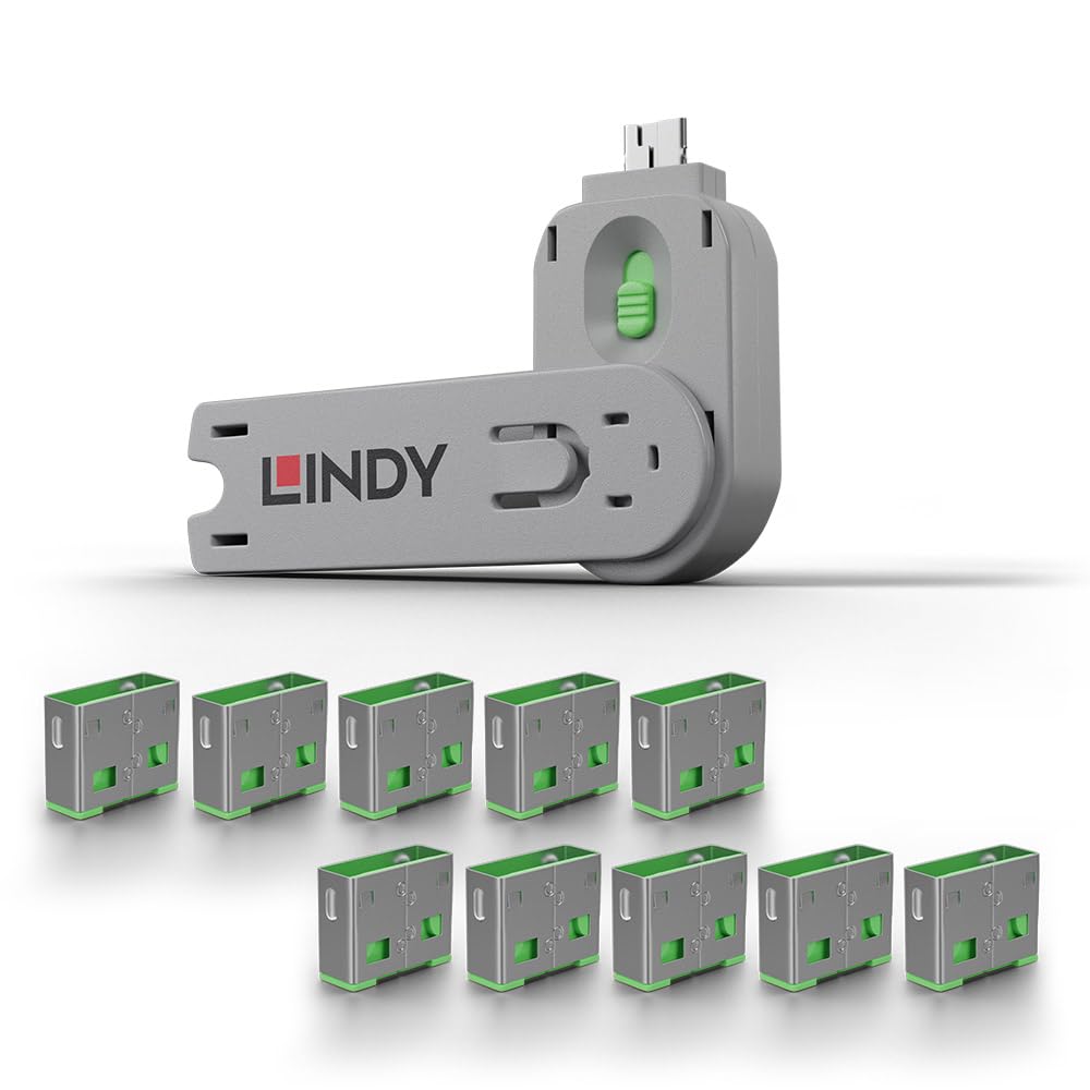 Lindy USB Type A Port Blocker- Pack of 10 Blockers + Key, Green