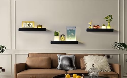JERESER Floating Shelves with Invisible Brackets & Strip Lights, Protective Front Lip, Black Wood Wall Shelves Set of 3, Mounted Bookshelf, Bedroom, Bathroom, Living Room, Kitchen