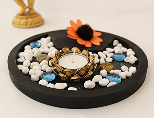 Tied Ribbons Indian God Ganesha Playing Harmonium Figurine Idol Murti With Wooden Tray, Pebbles, Artificial Flower, Tealight Candle Holder For Home Decoration And House Warming Gifts #TOP4