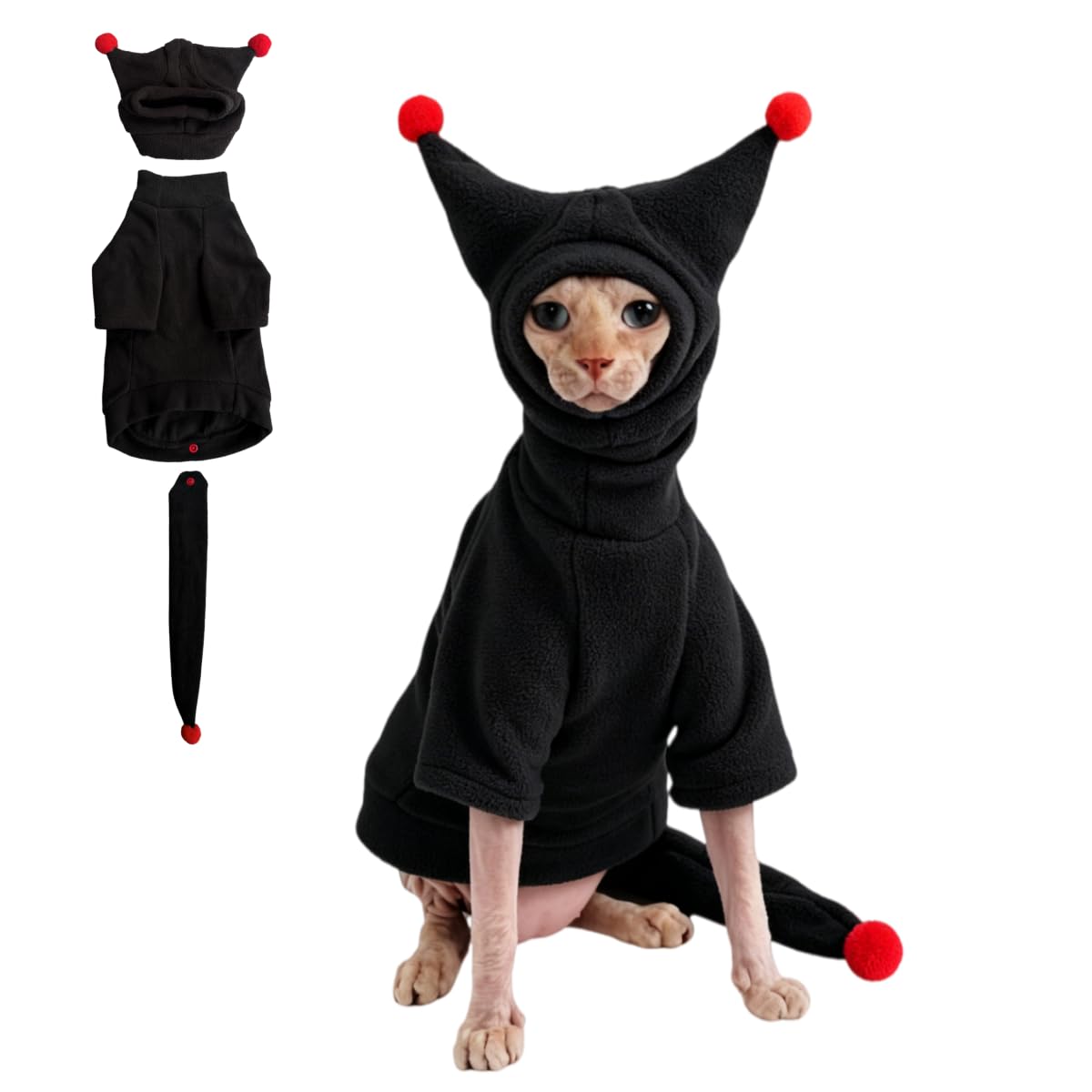 GigglyHouse Sphynx Cat Clothes, Warm Cat Jumpsuit with Hat and Tail Cover, Full Set for Hairless Cats, Cornish Rex and Devon Rex (Black, L(6.5-8lbs))