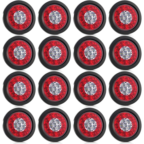 Riakrum 12 Pcs 4 Inch Round LED Trailer Tail Lights 16 LEDs Waterproof Stop Turn Brake Backup Reverse Running Lights with Rubber Grommet Sealed Round Red White LED Lamps for Trailer Truck RV(Modern)