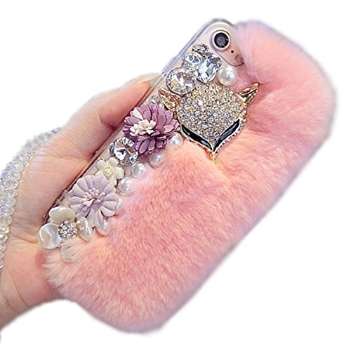 Aikeduo For Iphone 7Plus 8Plus Phone Cases Case Handmade Bling Fox Rope Crystal Pendant Crystal Rabbit Fur Rhinestone 7Plus Cover Warm Case (Pink) #TOP4