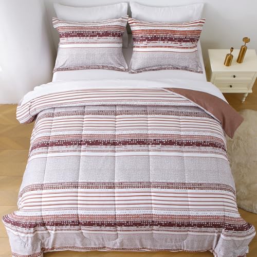 Image of lasoftan Striped Queen Comforter Set with Sheets, 7 Piece Luxury Vintage Bedding, Soft Microfiber Bed in a Bag, Cozy Lightweight Bed Set, Chocolate Brown Striped