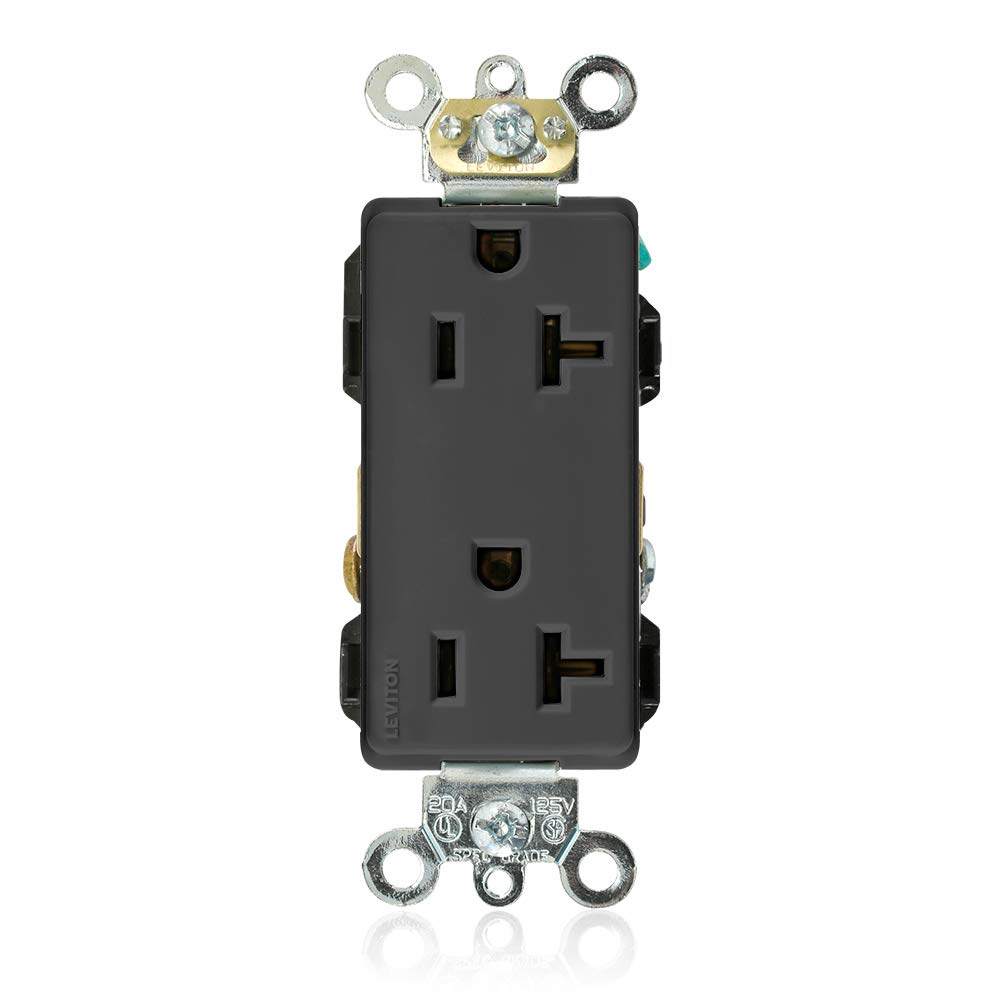 Leviton20 Amp, 125 Volt, Decora Plus Duplex Receptacle, Straight Blade, Industrial Grade, Self Grounding, 16362-E, Black