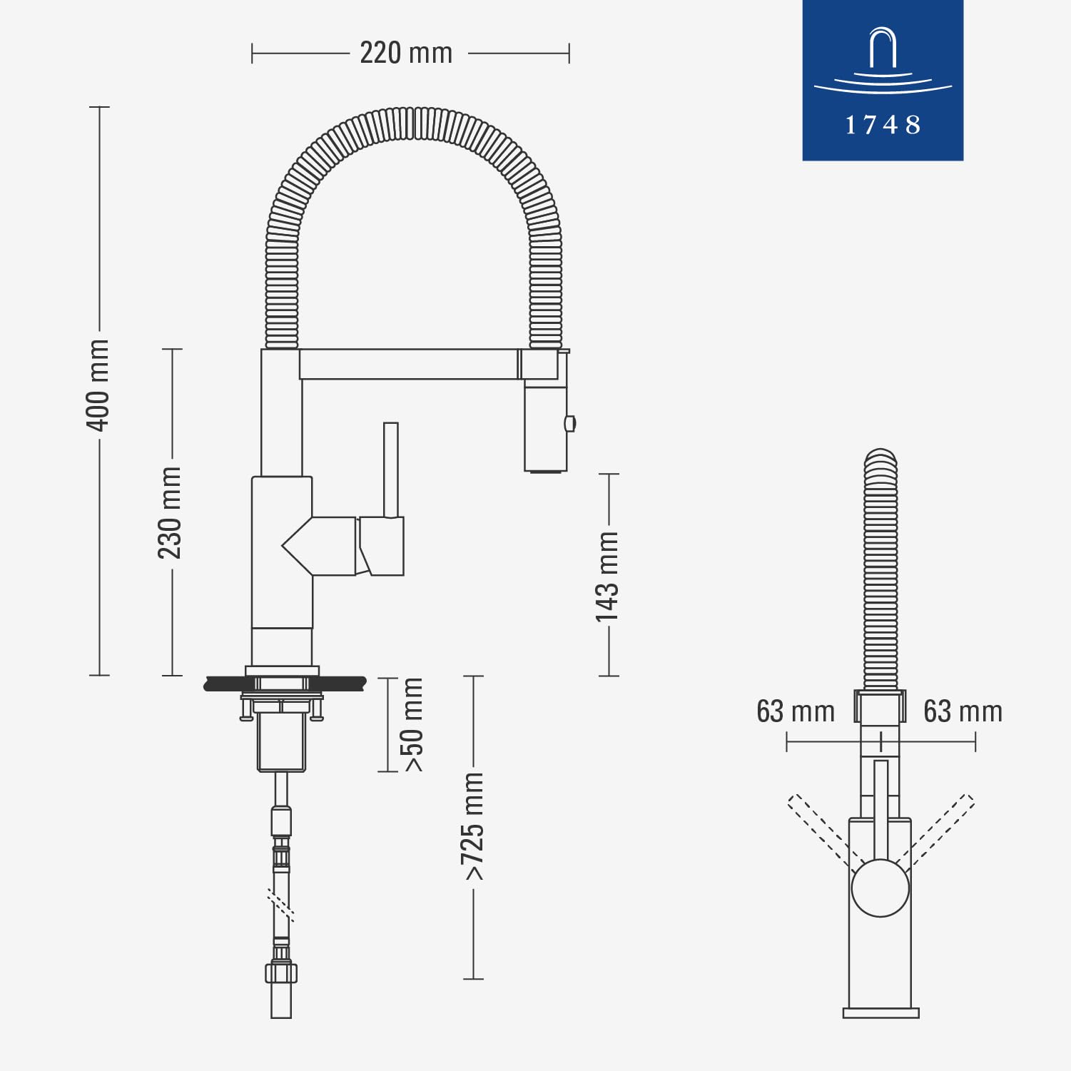 Villeroy & Boch Steel Expert Compact Küchenarmatur, Höhe 143 mm – Edelstahl | Umschaltfunktion, 360° schwenkbarer Auslauf mit Spiralfeder, Laminarstrahl, Hochdruck, 927300LC