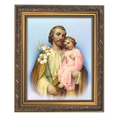 Gerffert Inspirierender Druck, St. Joseph mit Kind, 33 cm, kunstvoller goldfarbener Rahmen