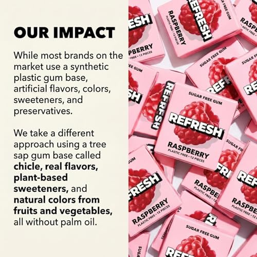 Image of Refresh Plant Based Gum, Sugar Free, Xylitol, 12 Pcs, 6 Pack (Raspberry)