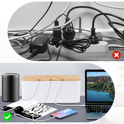 QOUBNIC Kabelmanagementbox, Kabelmanagement Box Aufbewahrungsbox für Kabel mit Bambusdeckel, Kabelaufbewahrungsbox zum Verstecken von Kabeln Organisieren von Computerverkabelung und Losen Kabeln