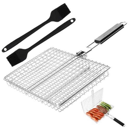Vaskula Grillkorb Faltbarer Fischgrillgitter Robuster Fischhalter für Grill Baskets mit Griff Silikonbürste Fischgitter Zum Grillen für Camping Outdoor Grillen Fisch Gemüse Fleisch