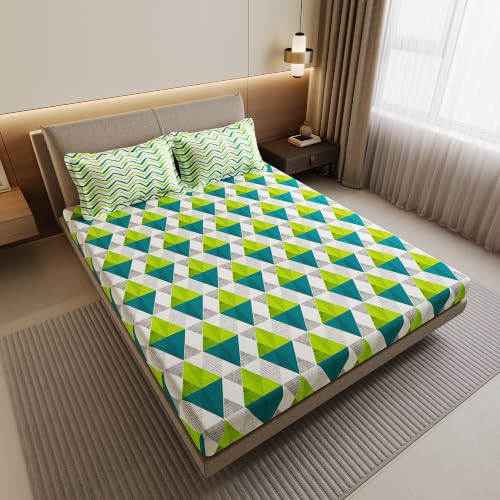 Image of Divine Casa 144 TC Cotton Bedsheet for Double Bed with 2 Pillow Cover (222 x 254 cm, Aqua Lime, Geometric)