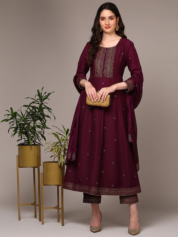Image of Vaamsi Women's Silk Blend Solid Anarkali Kurta Pant With Dupatta