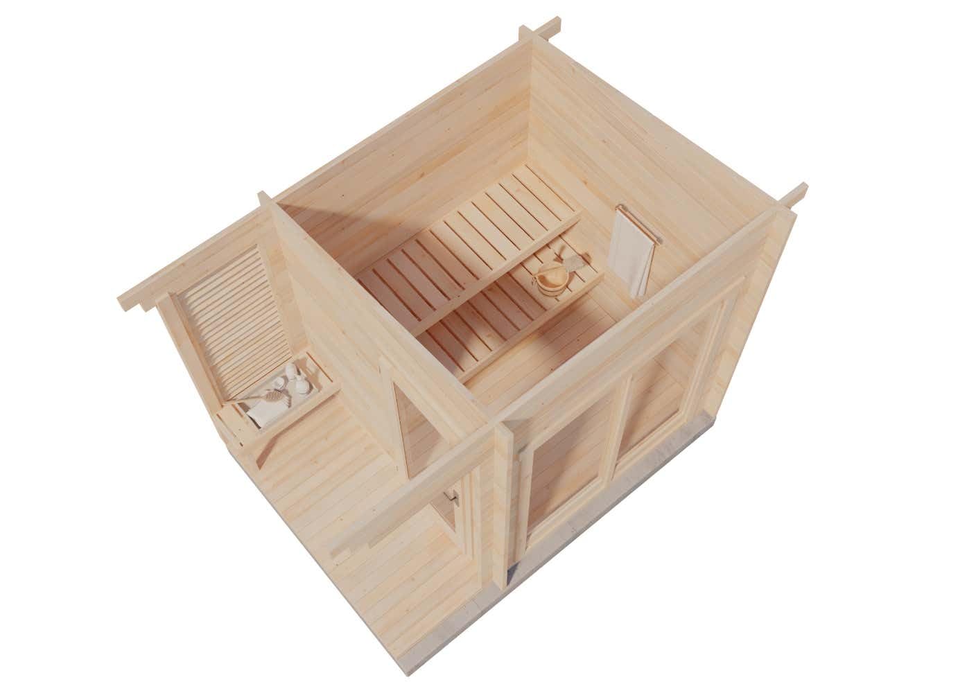 Gartensauna Außensauna Saunahaus Lizzy S 2 Sitzbänke aus Holz Wandstärke 40 mm