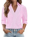LOMON 3/4 Length Sleeve Womens Tops 2026 Trendy Unique V Neck Work Dress Shirt Dressy Casual Blouses Loose Fit Fashion Clothes (Pink White Stripe,M)