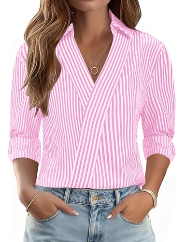 Image of LOMON 3 /4 Length Sleeve Womens Tops Dressy V Neck Collared Shirts Trendy Business Casual Work Blouses Vacation Outfits 2026