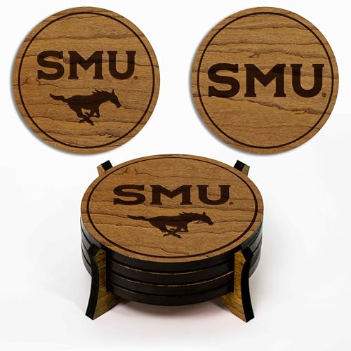LazerEdge Southern Methodist Mustangs Wooden Coaster Set - Cherry Wood - Officially Licensed Product - 4-Pack