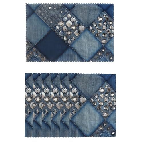 Lot de 6 sets de table antidérapants en jean incrustés de strass pour table de salle à manger, résistant à la chaleur, tapis de protection pour table de...