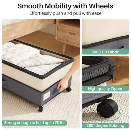 Image of Kitstorack 4 Pack Height-adjustable Under Bed Storage with Wheels, Under Bed Storage Containers,Under Bed Shoe Storage Organizer with Clear Window&Label, Suitable for Clothes Storage, Beige & Gray
