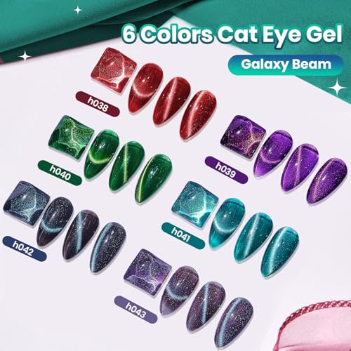 Image of Beetles Cat Eye Gel Nail Polish Set, Galaxy Beam 6 Colors Fall Gel Polish | Glitter Gel Polish Kit Red Blue Green Purple Teal Chameleon Magnetic Shine Soak Off UV Salon DIY Manicure Gifts for Women