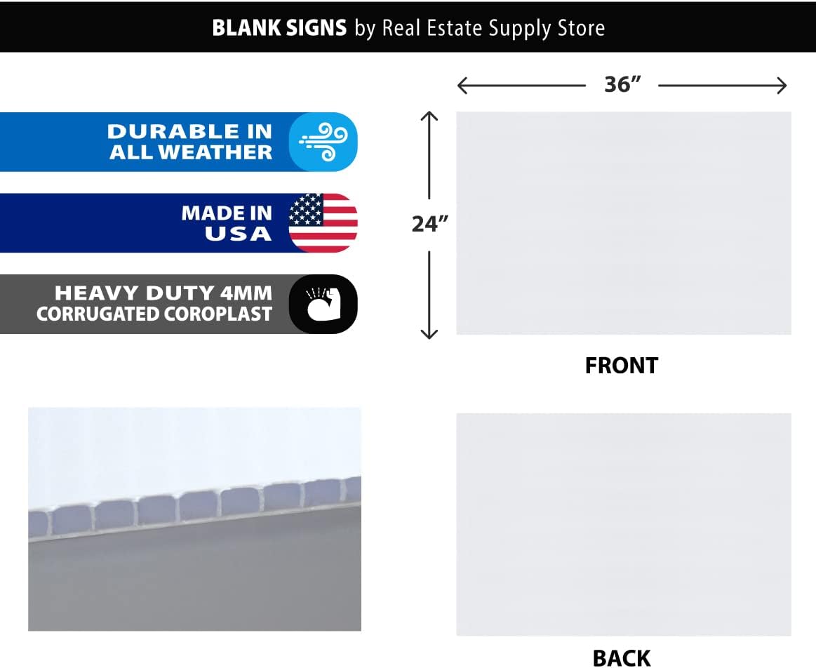 36" x 24" Blank Corrugated Plastic Yard Signs, Waterproof, Heavy Duty Outside Bulk White Sign Boards (36x24 White and 10x30 Stakes - 5 Pack)