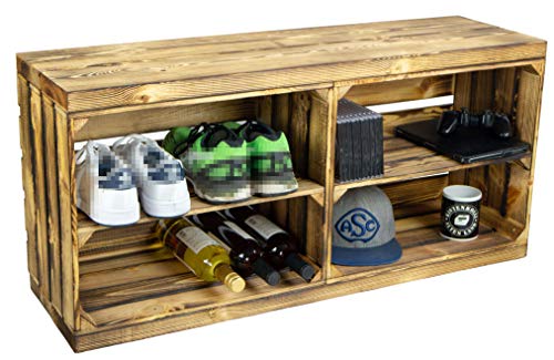 Kistenkolli Altes Land Schuhregal mit Sitzbank aus Obstkisten und massiven Holzplanken Schuhablage Schuhkommode Schuhbank aus Holz Maße 100 x 29 x 45cm L x T x H (komplett geflammt)