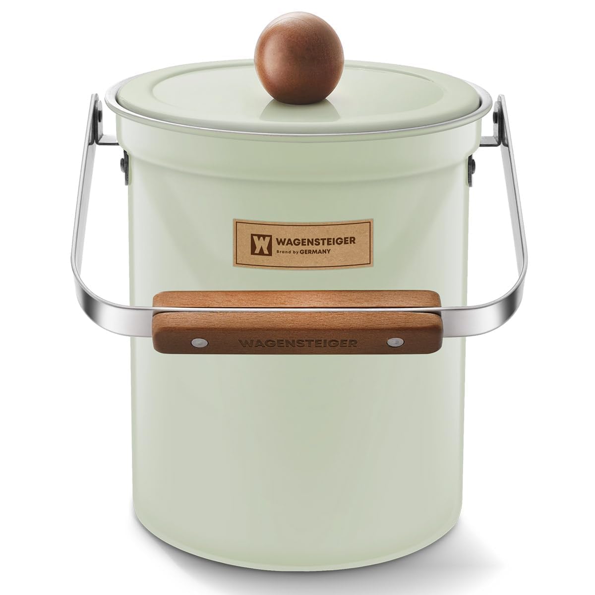 WAGENSTEIGER Kitchen Countertop Compost Bin 101Ounces / 3Liter with Airtight Lid, SUS304 Stainless Steel Odor-Free Food Waste Bin with Wooden Handle Stylish Design/Bathroon Trash Can (Mint Green)