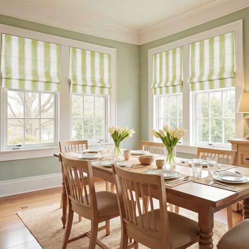 Image of TWOPAGES No Drill Wide Stripe Roman Shades Cordless Roman Blinds for Windows, Custom Made Light Filtering Blackout Blinds Farmhouse Shades for Kitchen, Olivine Bordered Wide Bar, 1 Piece