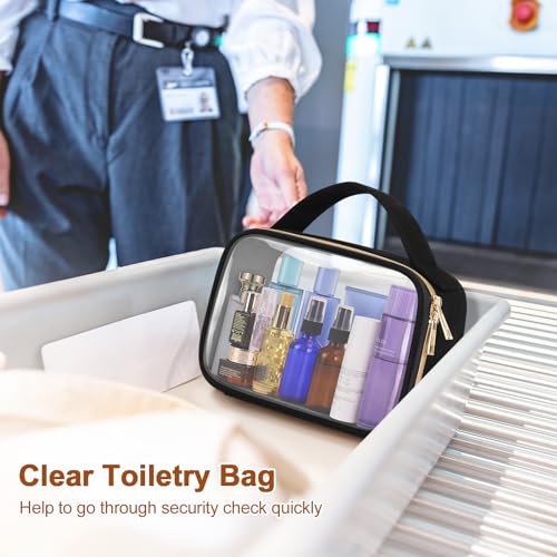 Image of Wedama Clear Toiletry Bag, 2 Pack Clear Makeup Bags with Handles, Large Travel Bags PVC Cosmetic Bag for Women and Men, Carry on Airport Airline Compliant Bag, Black