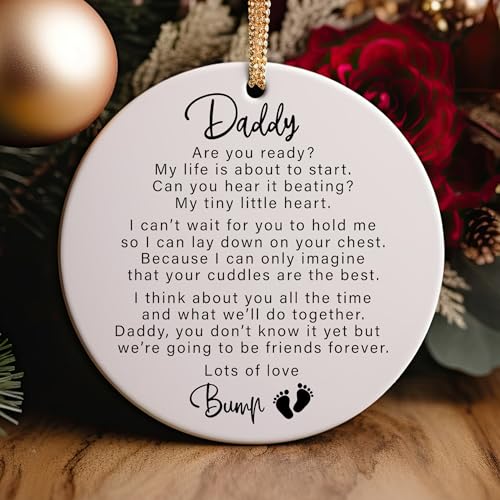 Image of Baby Bump Expecting Dad Keepsake Round Ceramic Pregnancy Announcement New Baby Daddy to Be Ornament