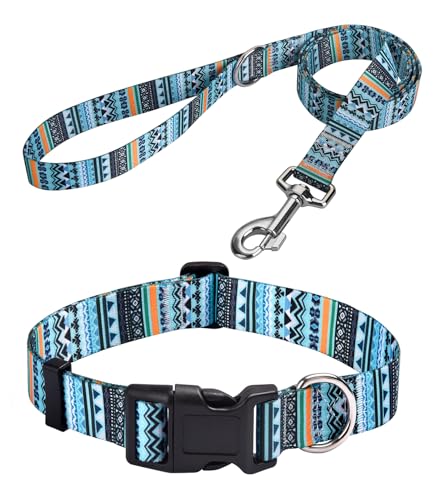 MarukoPet Dog Collar and Leash Set, Adjustable for Small Medium Large Dogs Puppy, Cute Design with Bohemia Floral Tribal Geometric Patterns Boys Girls Dog Collar(Green Bohemia Set,S)