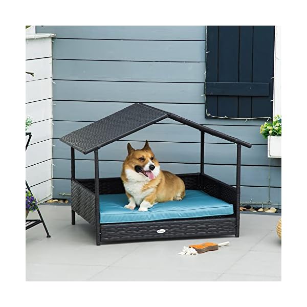 PawHut Elevated Rattan Dog Bed Pet Home Indoor Outdoor Wicker Dog Cot Dog House Pet Furniture Sofa Bed with Padded Cushion and Roof Shelter Blue PawHut Elevated Rattan Dog Bed Pet Home Indoor Outdoor Wicker Dog Cot Dog House Pet Furniture Sofa Bed with Padded Cushion and Roof Shelter Blue
