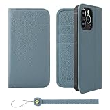 HANATORA for iPhone 13Pro ケース 手帳型 本革 スマホケース スマホ スタンド ストラップ 付き シュリンクカーフレザー ベルトなし マグネットなし ブルーグレー H0XA-13Pro-BlueGray ギフト 誕生日 女性 男性 彼女 お母さん お父さん 人気商品 30代 40代 50代 60代 70代