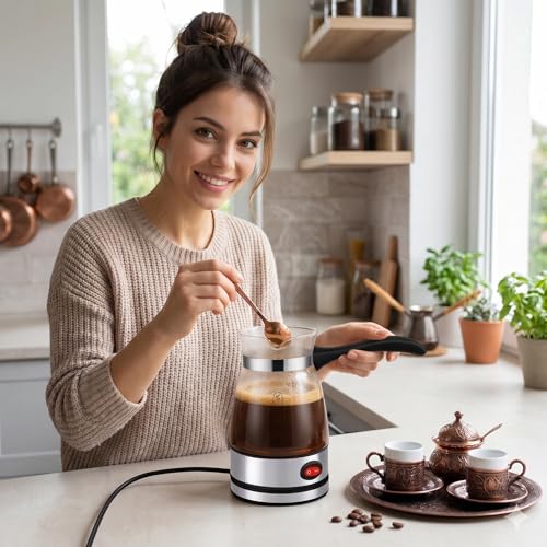 Image of Electric Turkish Coffee Maker Pot 500ML, Borosilicate Glass Coffee Warmer with Heat Resistant Handle, Fast Heating Milk Warmer & Tea Boiler for Home Office Travel Electric Kettle (Glass)