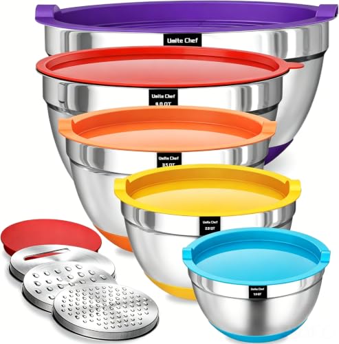 Umite Chef Mixing Bowls with Airtight Lids Set, 8PCS Stainless Steel Nesting Bowls Set, 3 Grater...