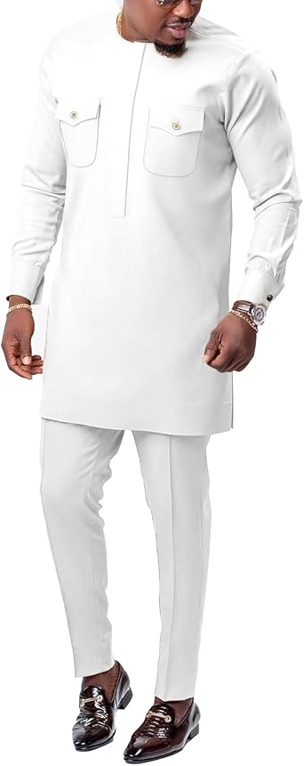 Men African Outfits 2 Piece Set Shirt Pants Nigerian Dashiki Suit Attire Clothing